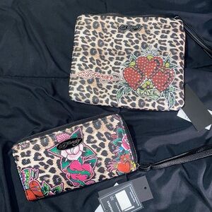 Ed Hardy leopard print bag purse and wallet cardholder set